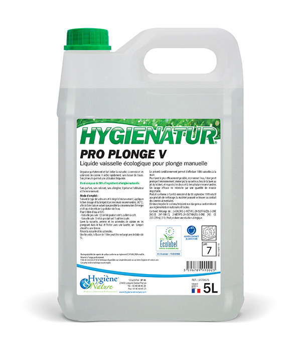 Liquide Vaisselle Mains Ecologique PRO PLONGE V HYGIENE & NATURE 5 L -  Ecolabel